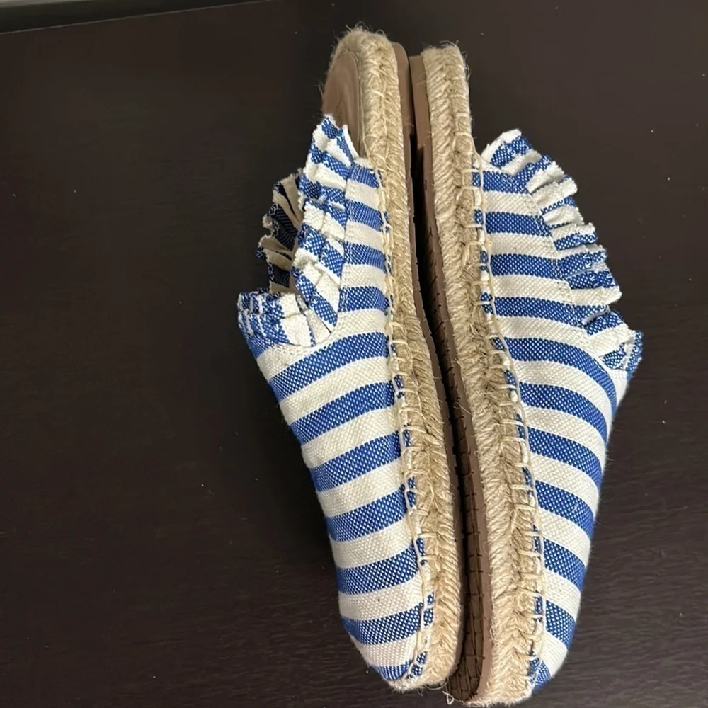 Kate Spade Laila Espadrille Blue White Striped Ruffle Mule Shoe Sz 9.5